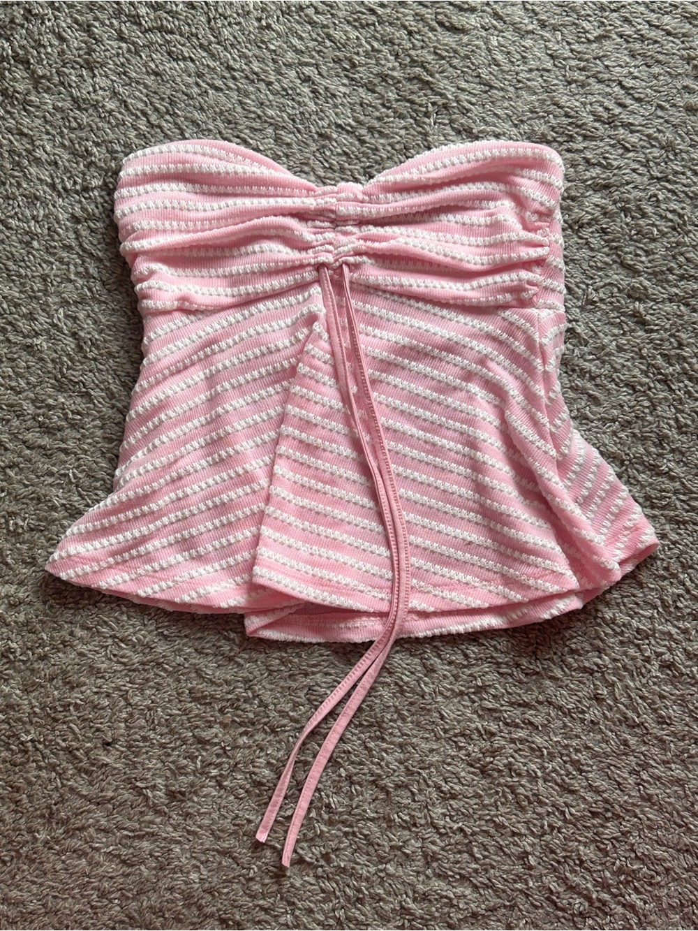 pink striped strapless peplum top with front tie